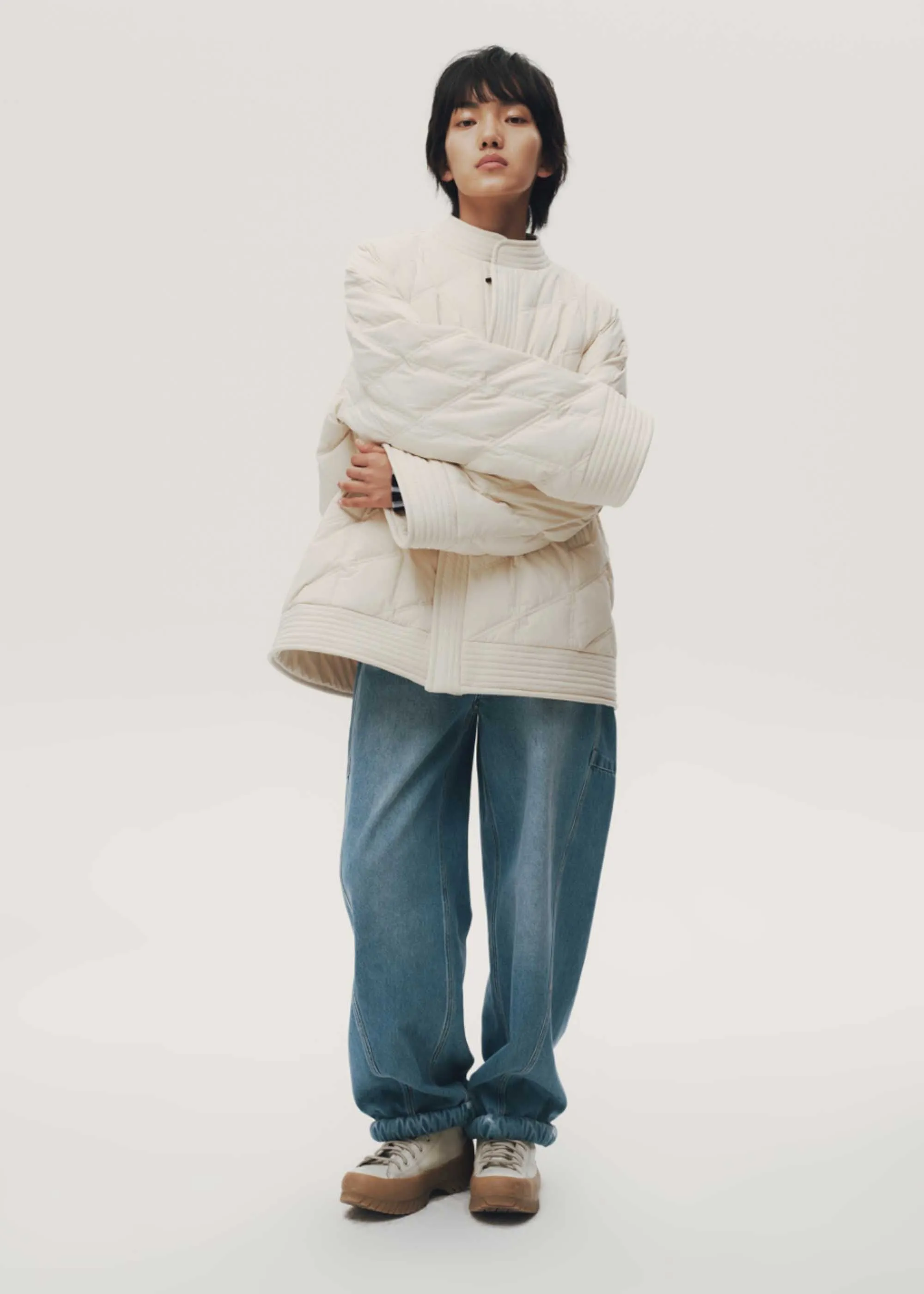 White Quilted Band Collar Jacket