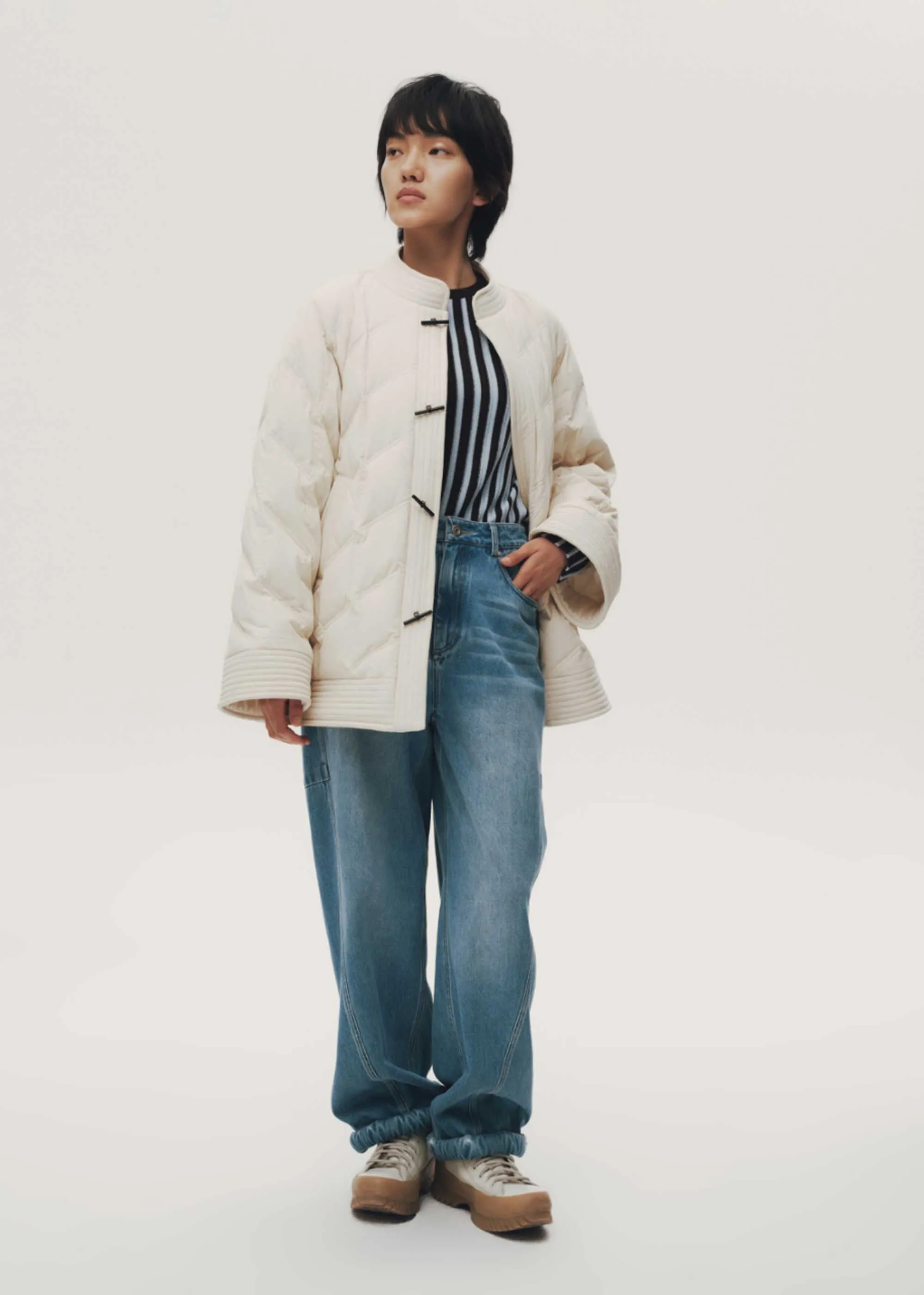 White Quilted Band Collar Jacket