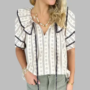 White Ruffle V-Neck Floral Print Short Sleeve Blouse