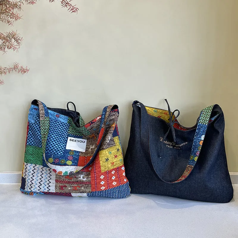 Wholesale Denim non-fading spring and summer ethnic style patchwork bag shoulder bag large capacity messenger bag double bag