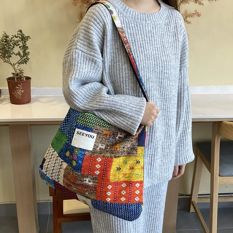 Wholesale Denim non-fading spring and summer ethnic style patchwork bag shoulder bag large capacity messenger bag double bag