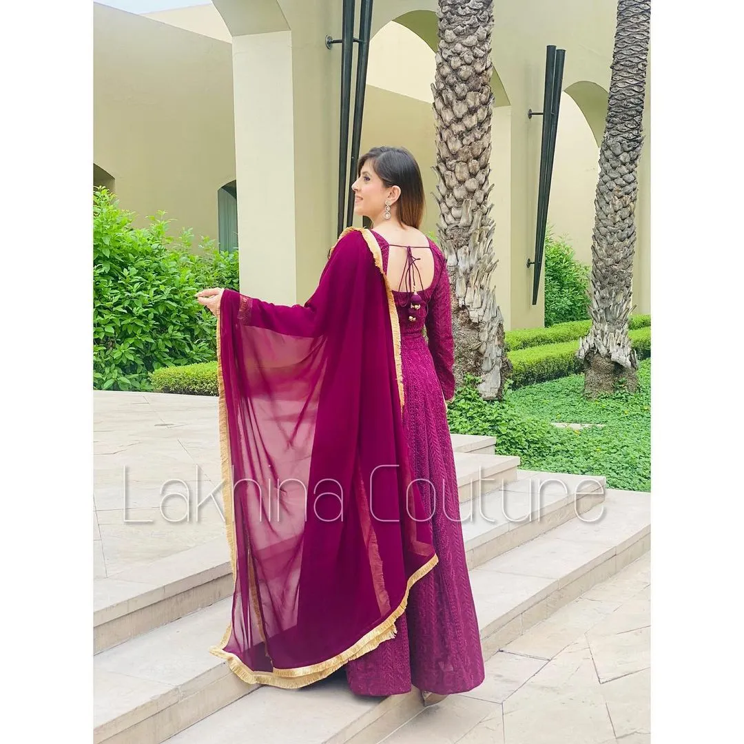 Wine Chikankari Anarkali With Belt
