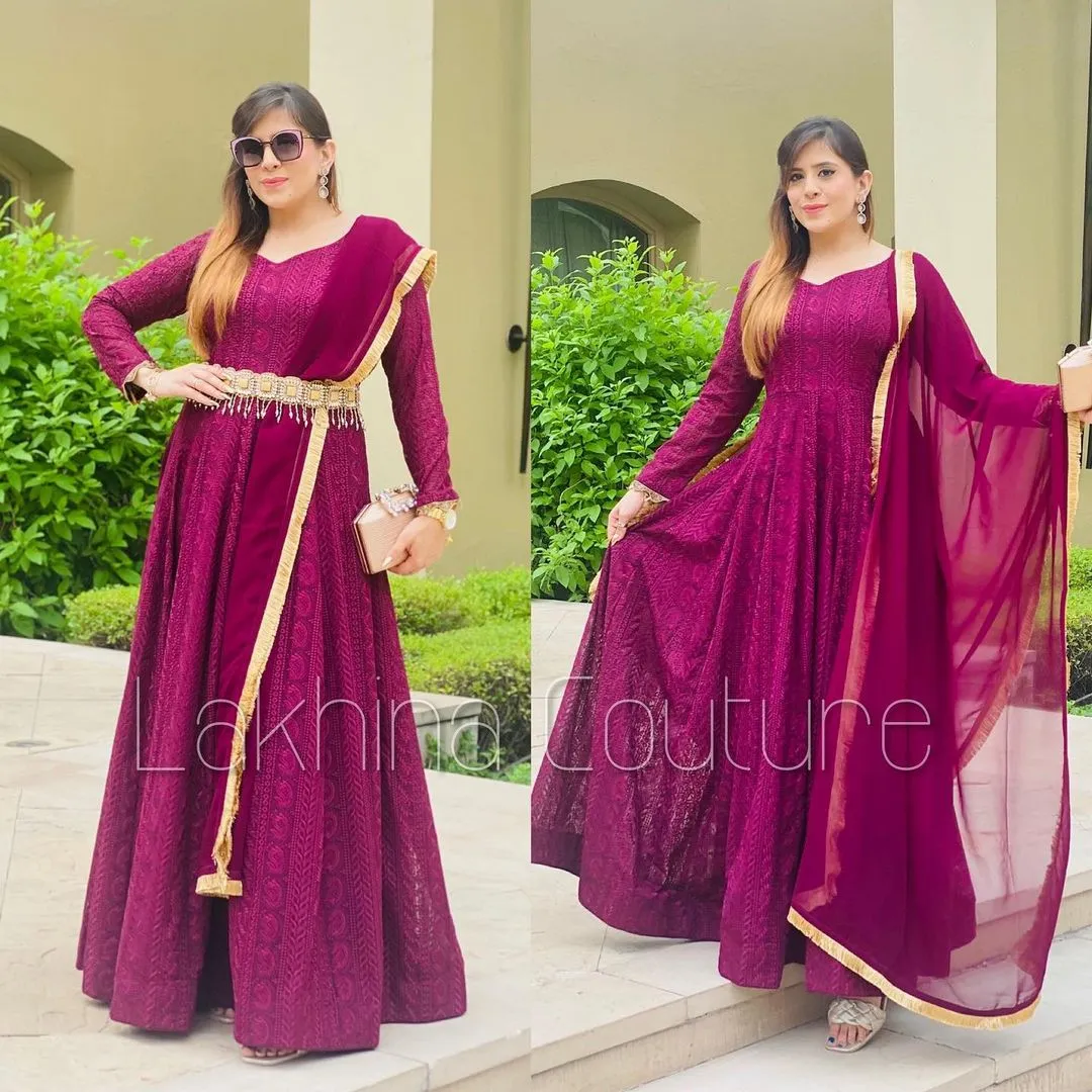Wine Chikankari Anarkali With Belt