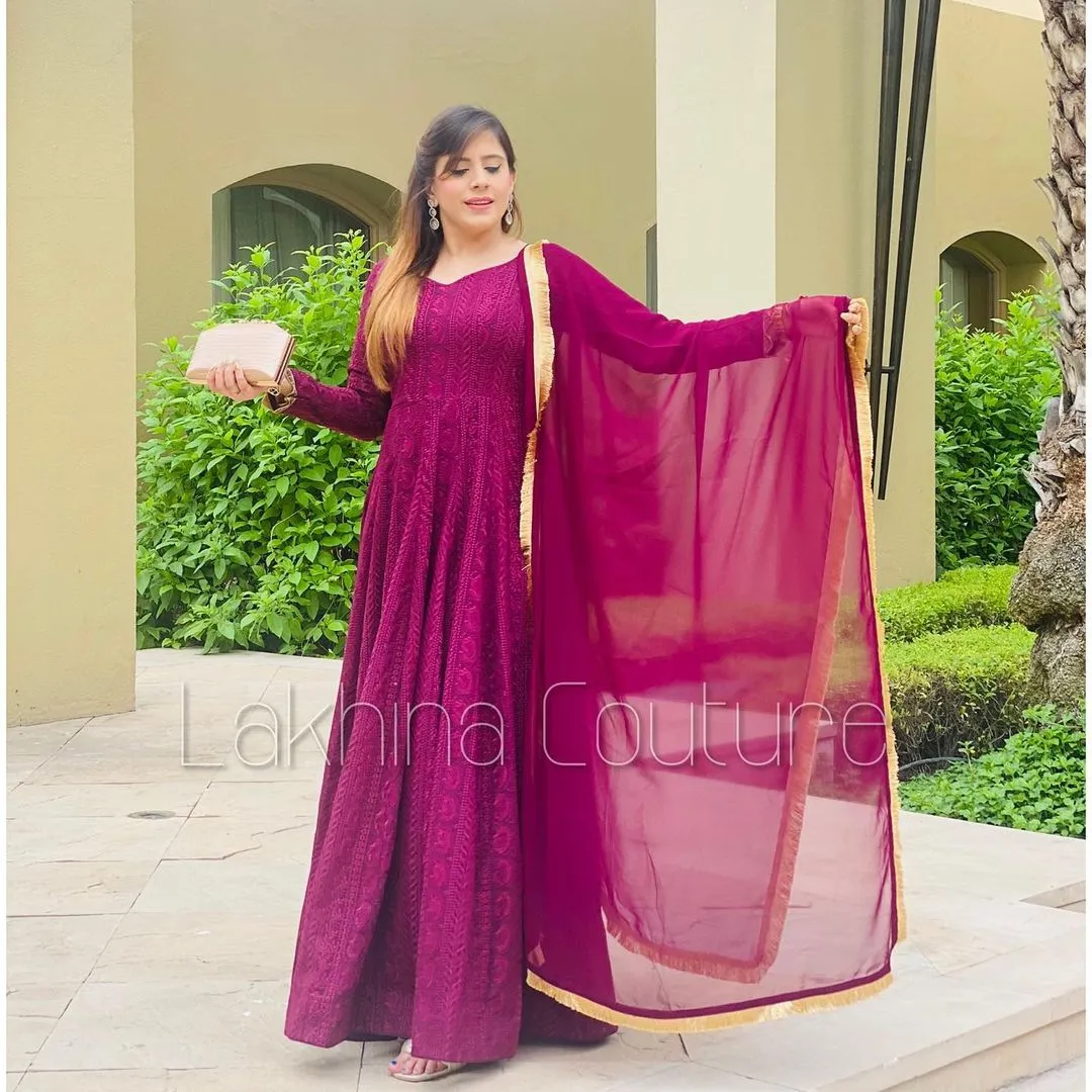 Wine Chikankari Anarkali With Belt