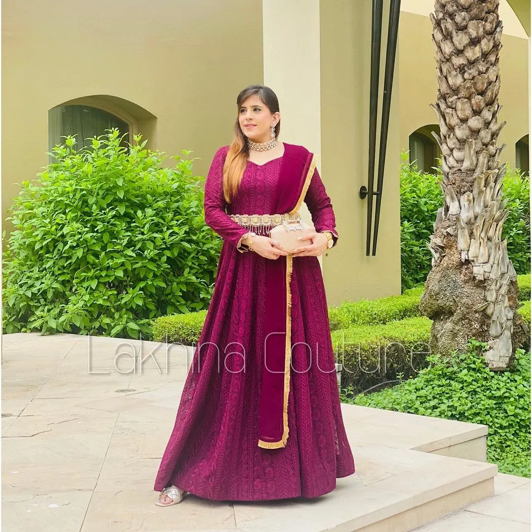 Wine Chikankari Anarkali With Belt