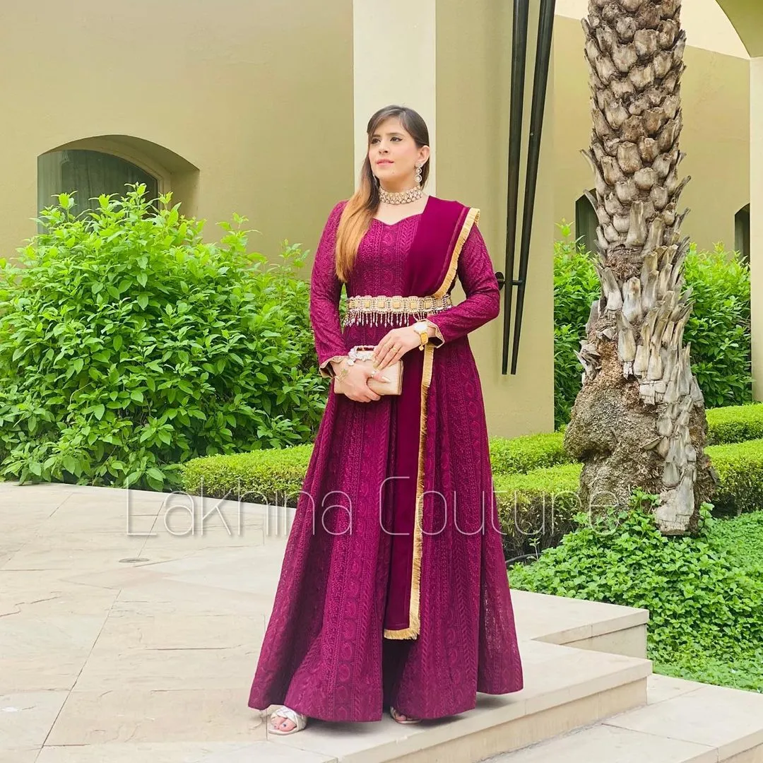 Wine Chikankari Anarkali With Belt