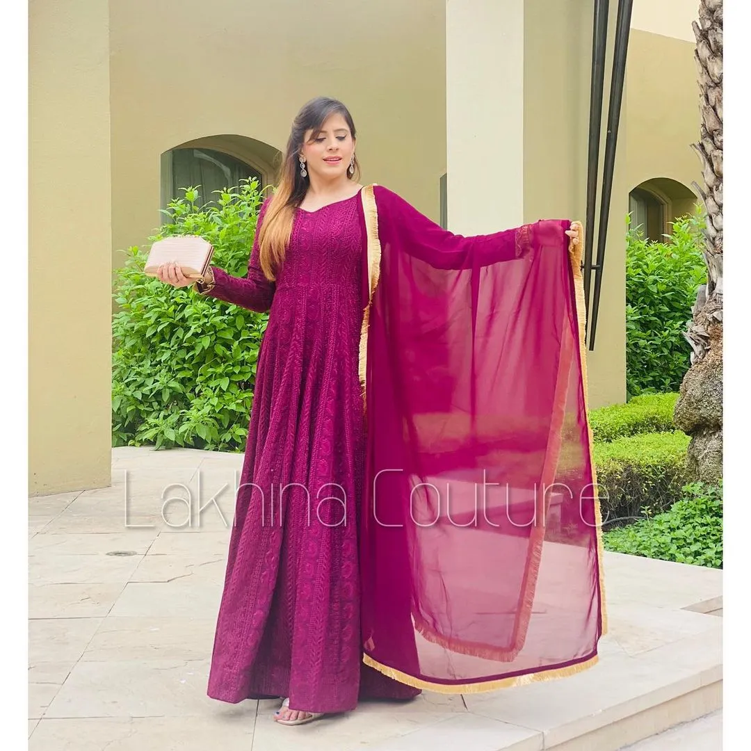 Wine Chikankari Anarkali With Belt