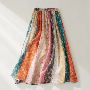 Women Spring Ethnic Style Ramie Patchwork A-Line Skirt