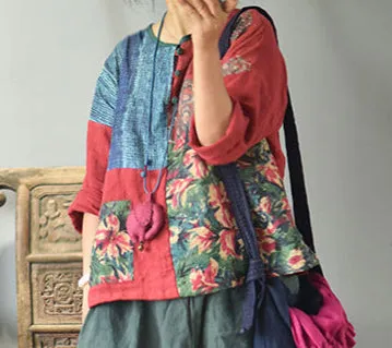 Women Spring Vintage Ethnic Style Patchwork Linen Blouses