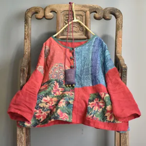 Women Spring Vintage Ethnic Style Patchwork Linen Blouses