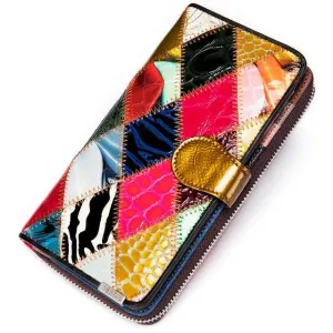 Women’s Cowhide Patchwork Clutch Bag Ethnic Style Genuine Leather Purse