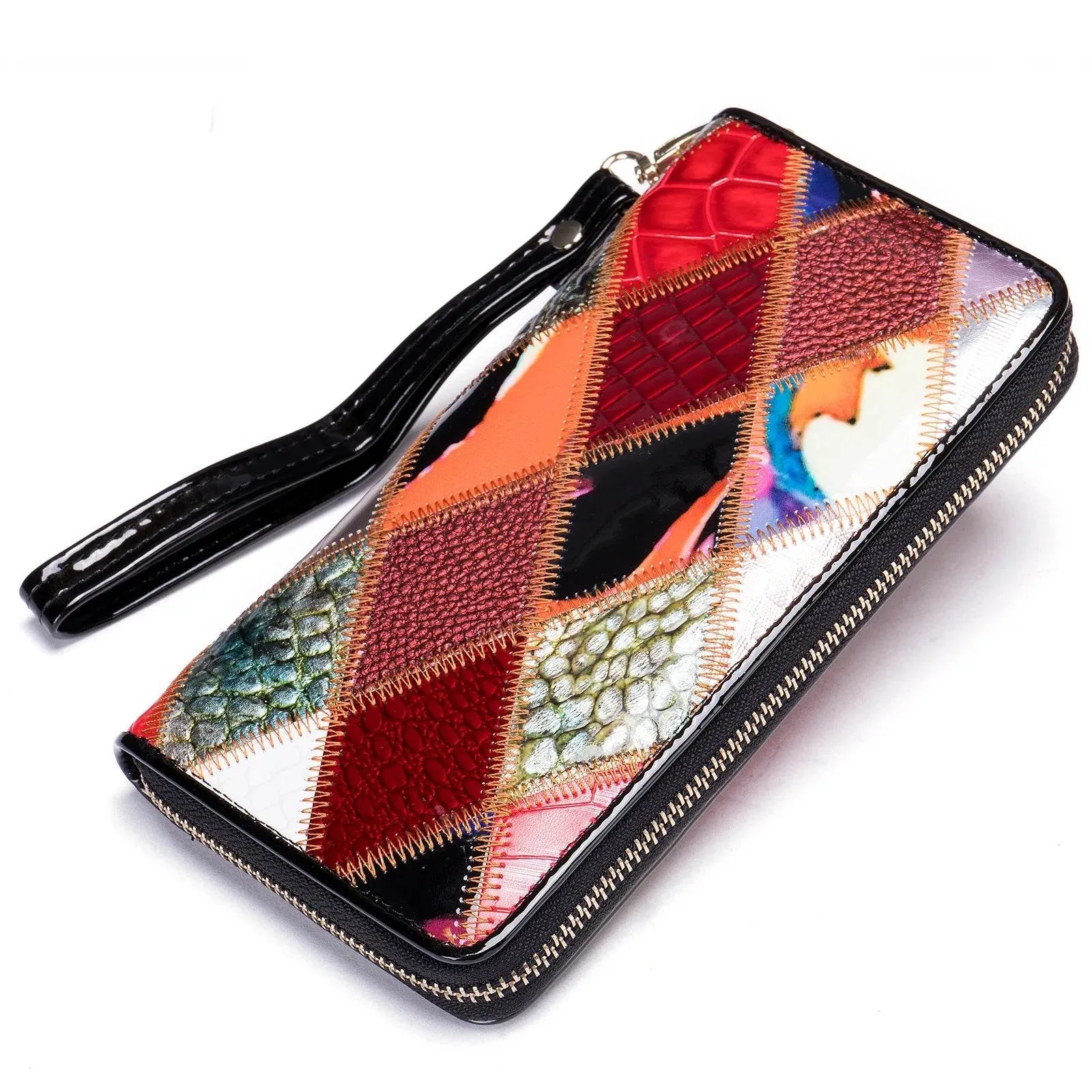 Women’s Cowhide Patchwork Clutch Bag Ethnic Style Genuine Leather Purse
