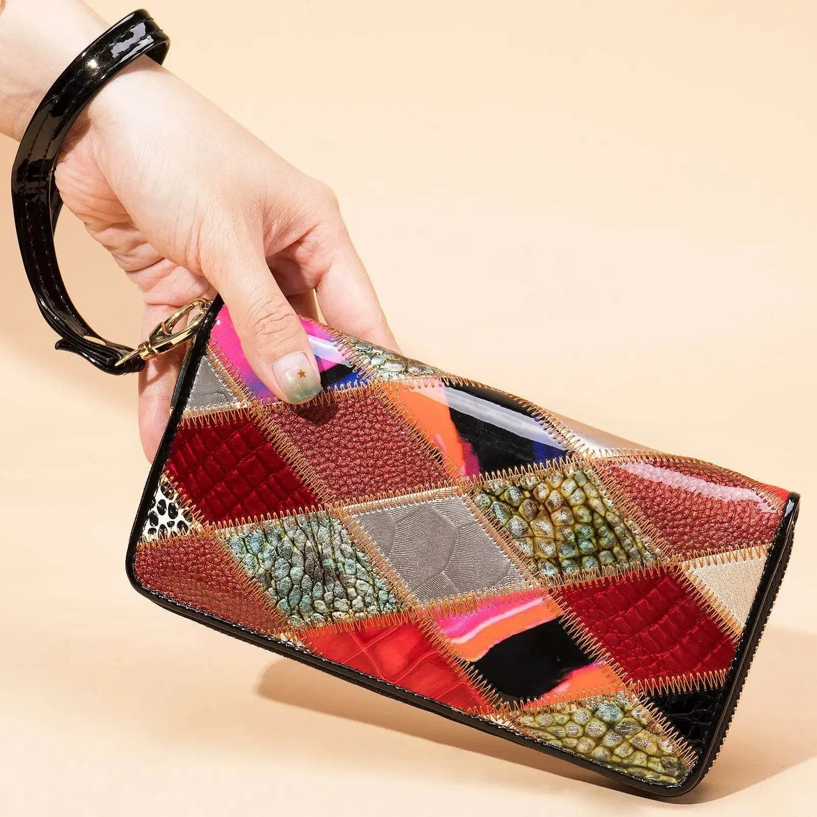 Women’s Cowhide Patchwork Clutch Bag Ethnic Style Genuine Leather Purse