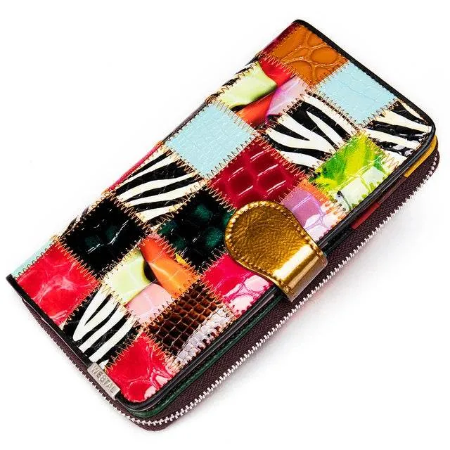 Women’s Cowhide Patchwork Clutch Bag Ethnic Style Genuine Leather Purse