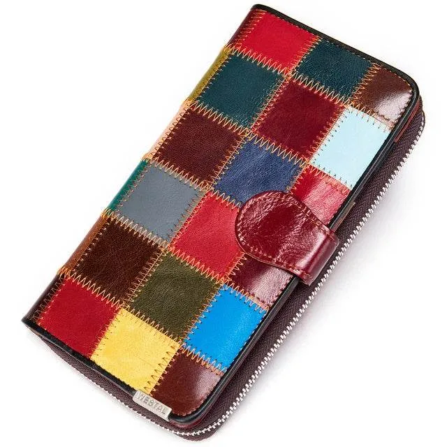 Women’s Cowhide Patchwork Clutch Bag Ethnic Style Genuine Leather Purse