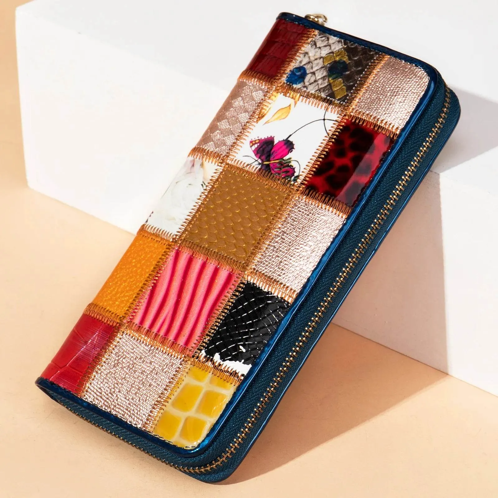Women’s Cowhide Patchwork Clutch Bag Ethnic Style Genuine Leather Purse