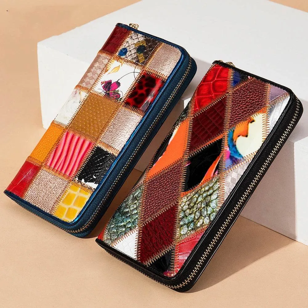 Women’s Cowhide Patchwork Clutch Bag Ethnic Style Genuine Leather Purse