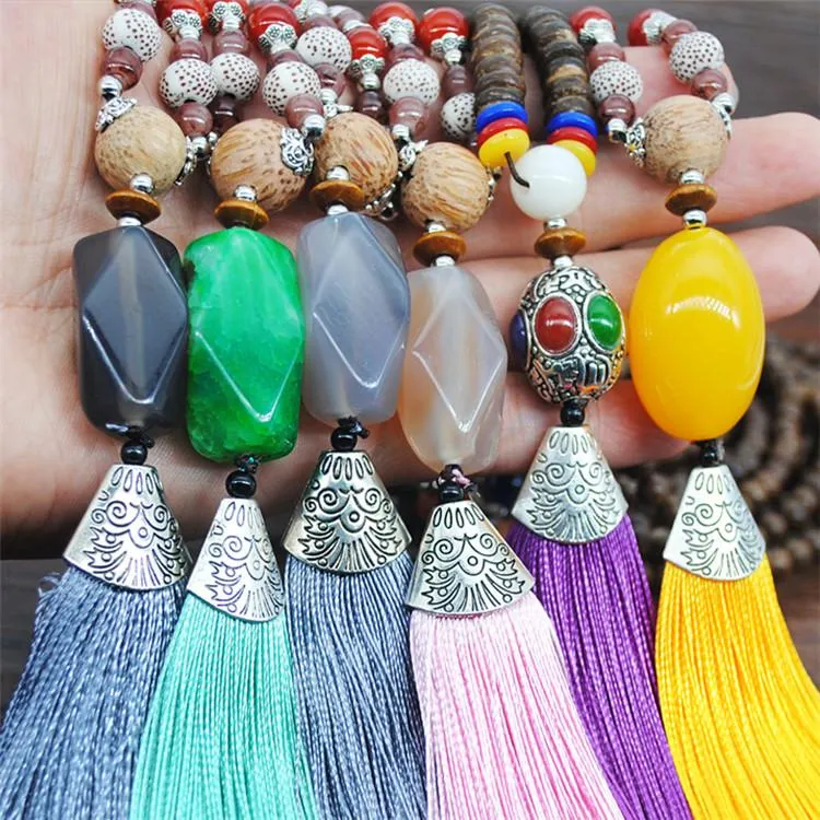 Women's Retro Ethnic Style Handmade Beaded Pendant Necklace - Pink Tassel