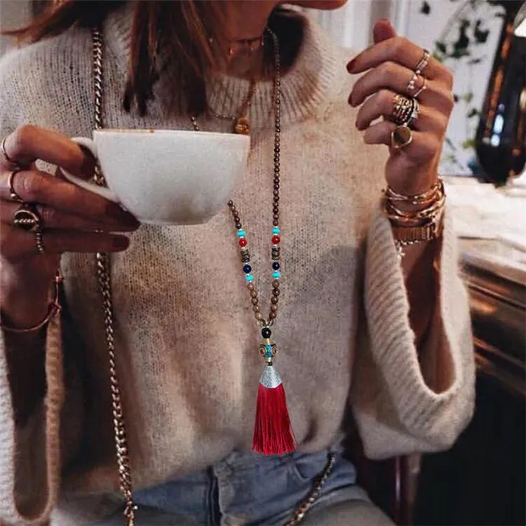Women's Retro Ethnic Style Handmade Beaded Pendant Necklace - Pink Tassel