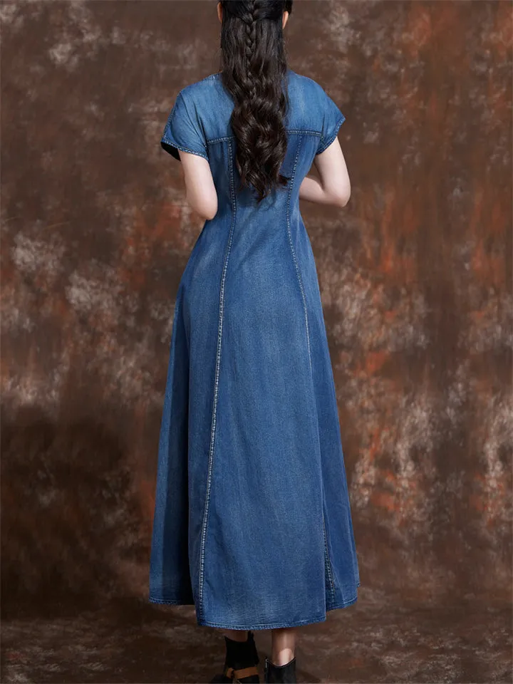 Women's Summer Ethnic Style V-neck Embroidered Denim Dresses