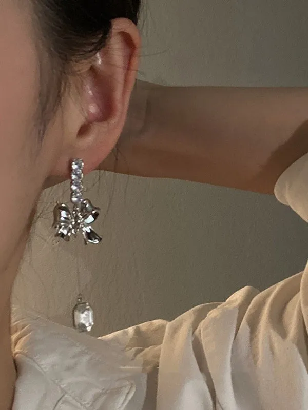 Y2K zircon pendant earrings with bow