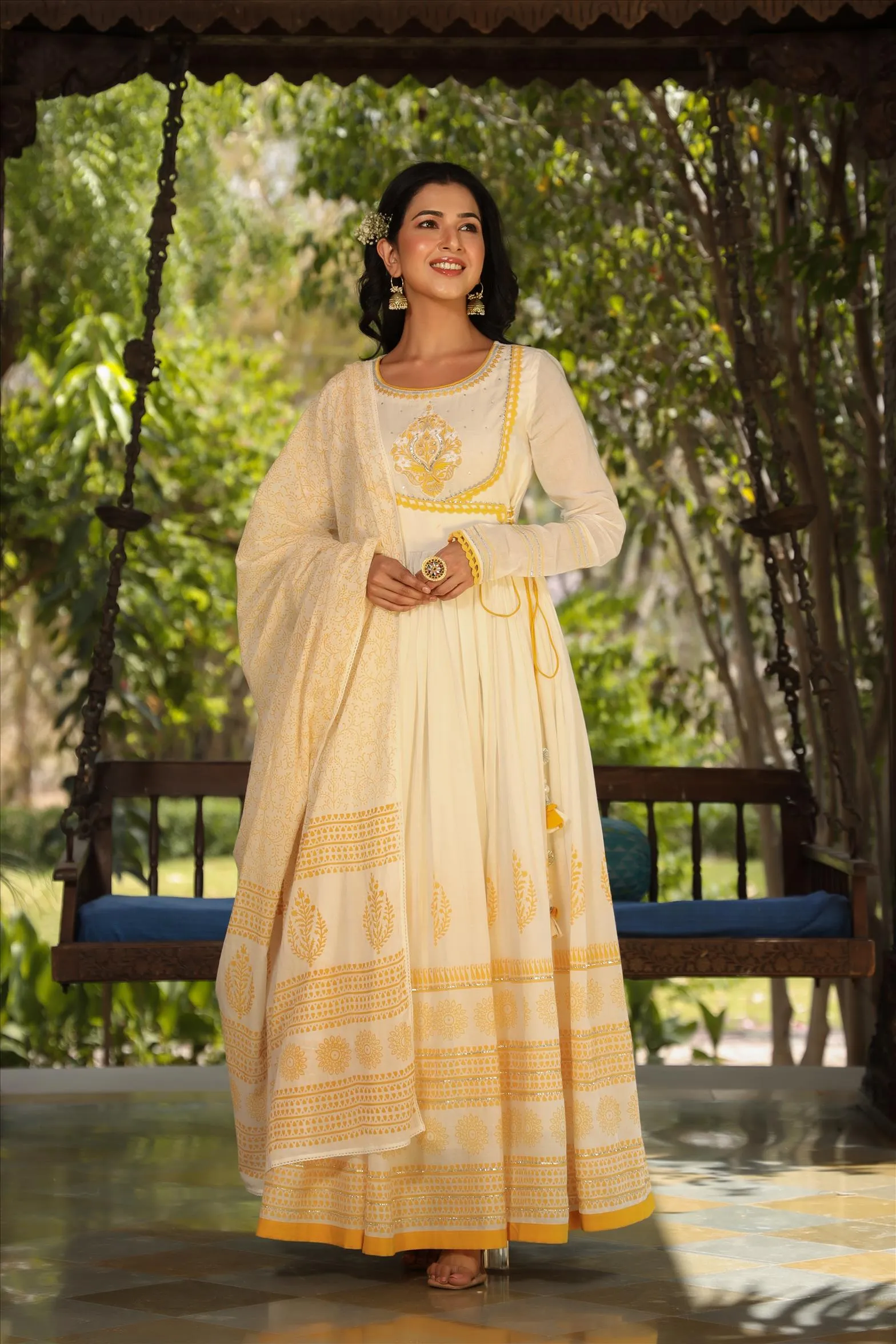 Yellow Mul Cotton Yoke Embroidered Printed Gota Angrakha Anarkali With Mul Cotton Printed Dupatta