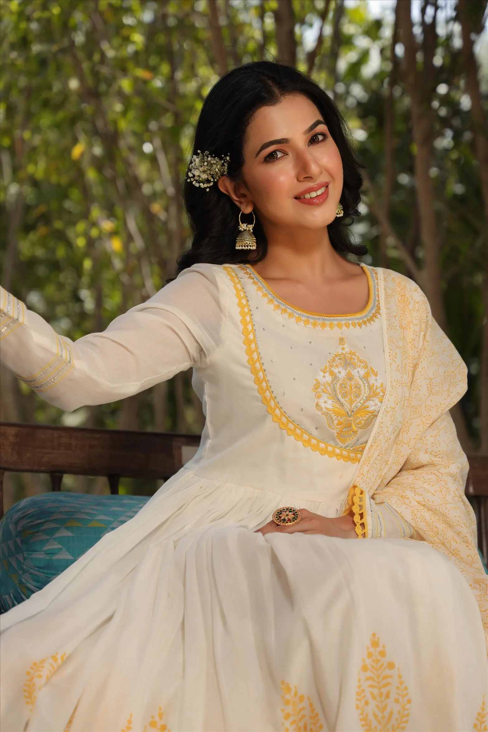 Yellow Mul Cotton Yoke Embroidered Printed Gota Angrakha Anarkali With Mul Cotton Printed Dupatta