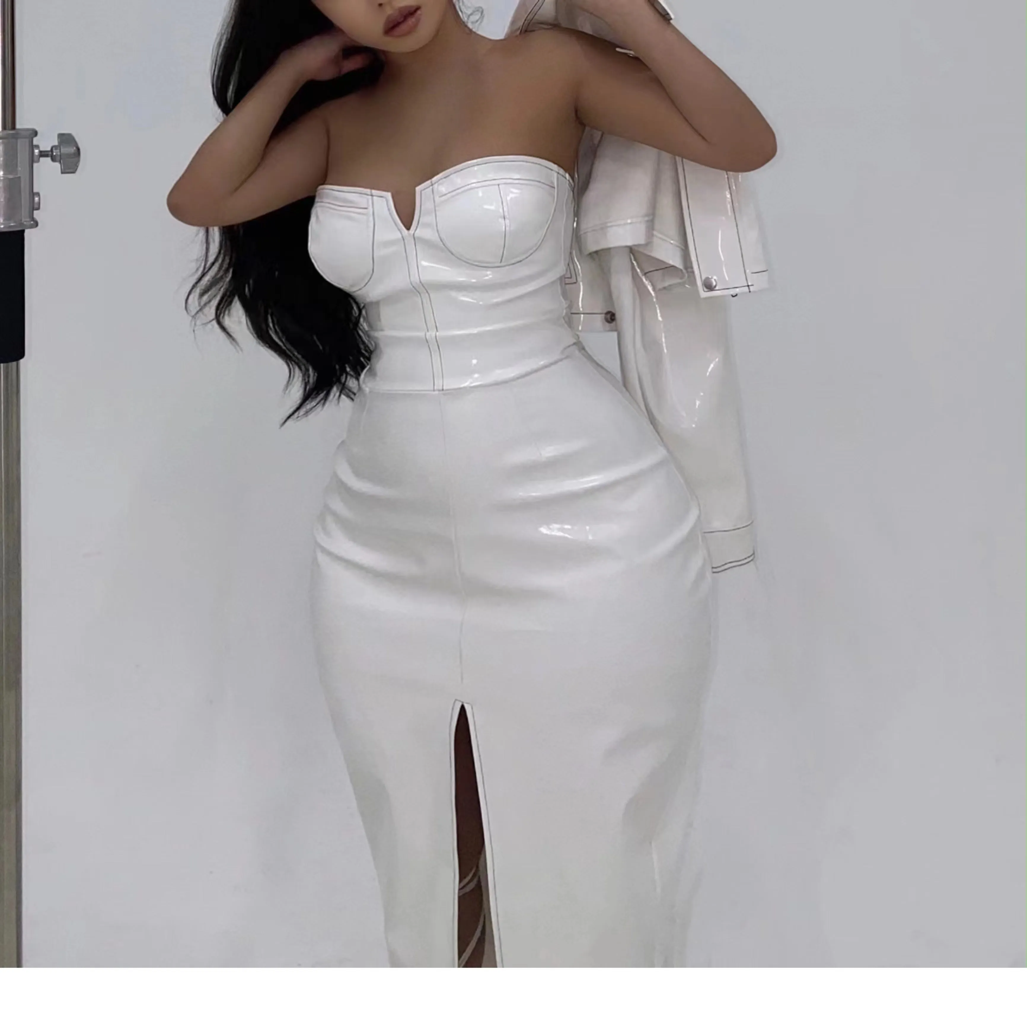 Yielle SYNEZ Faux Leather Long Front Slit Dress