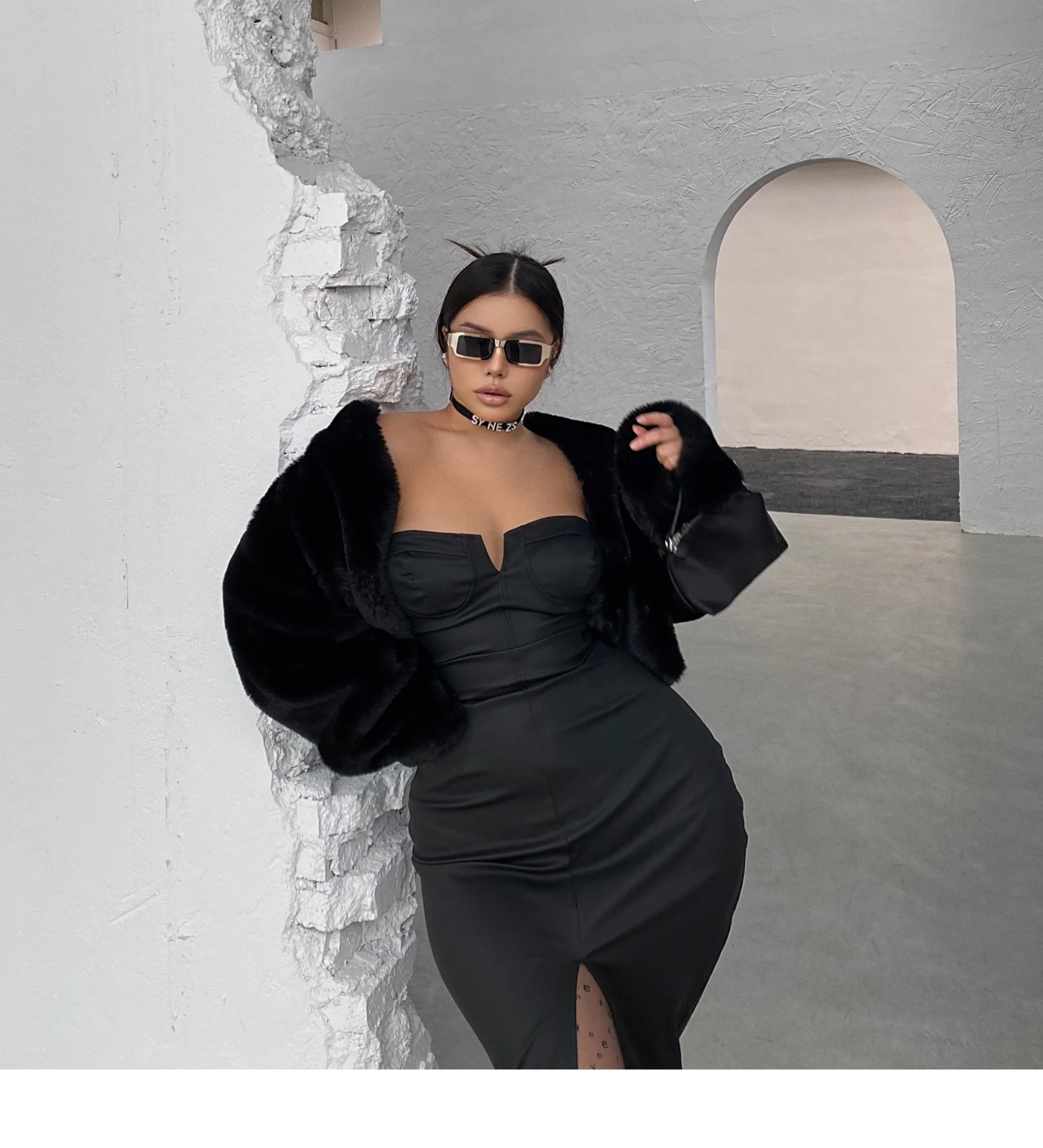 Yielle SYNEZ Faux Leather Long Front Slit Dress
