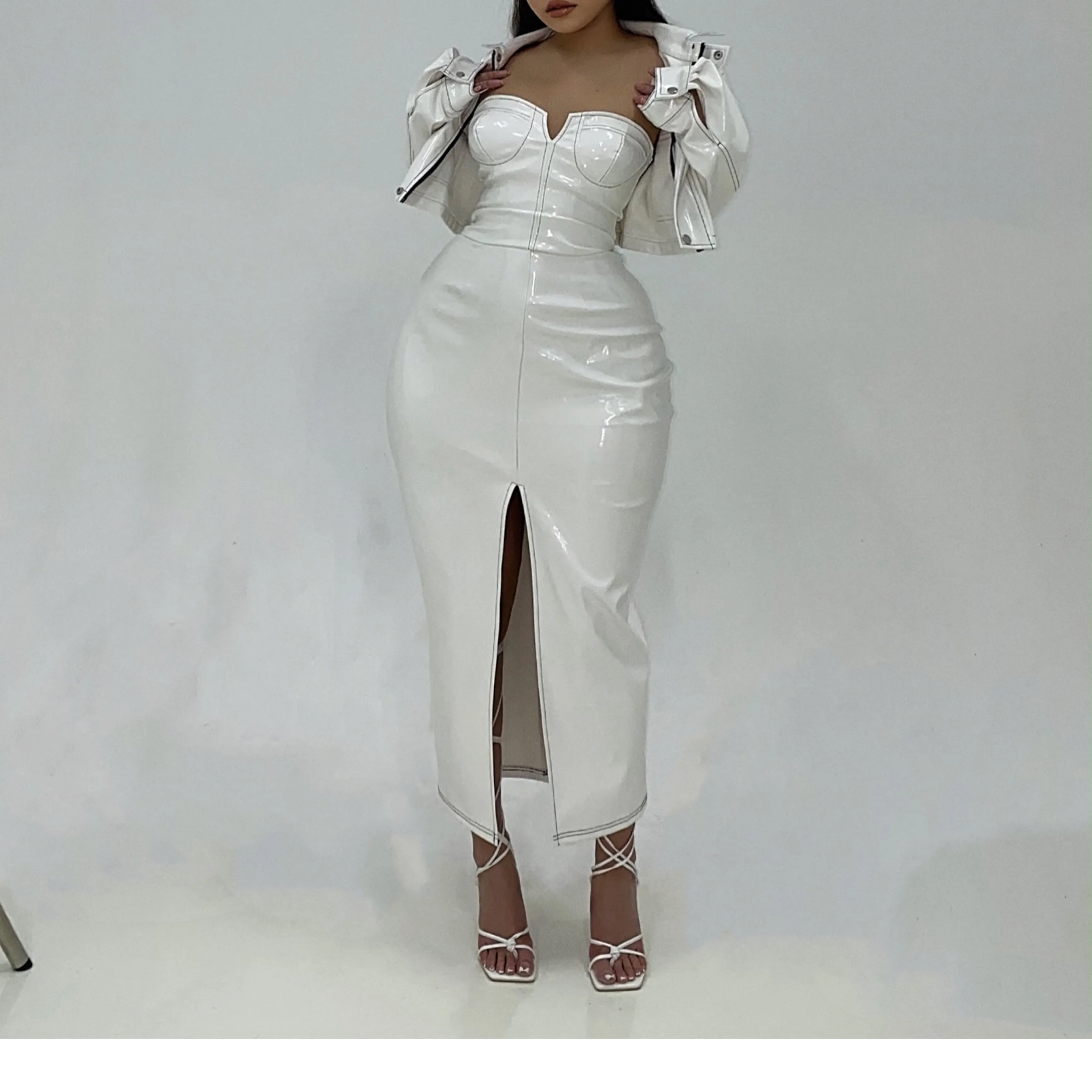Yielle SYNEZ Faux Leather Long Front Slit Dress