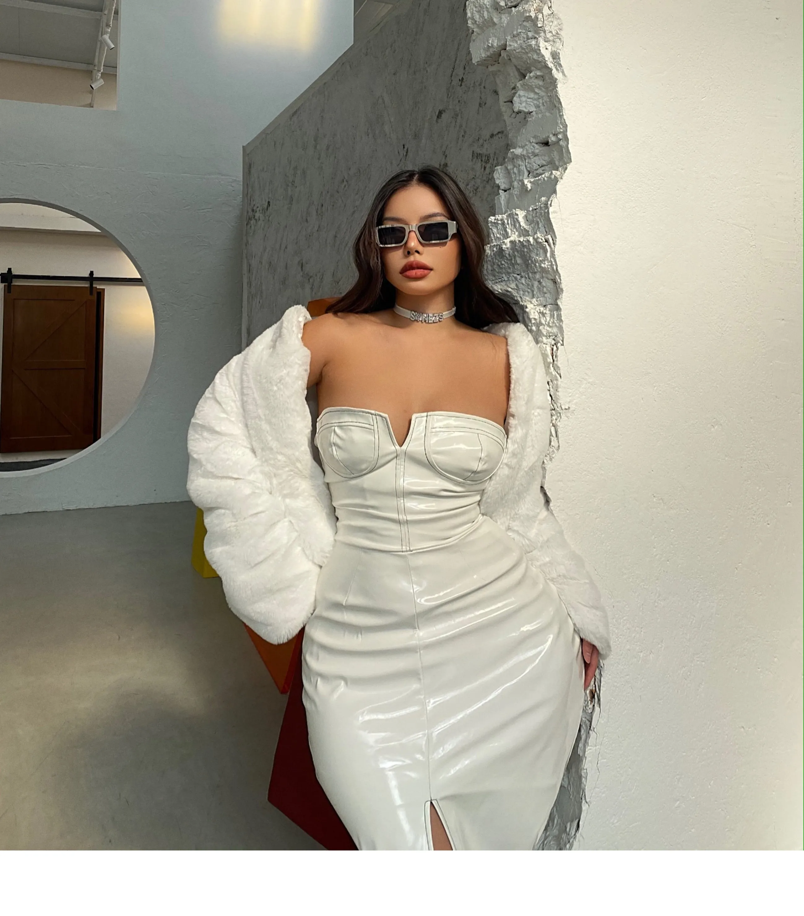 Yielle SYNEZ Faux Leather Long Front Slit Dress