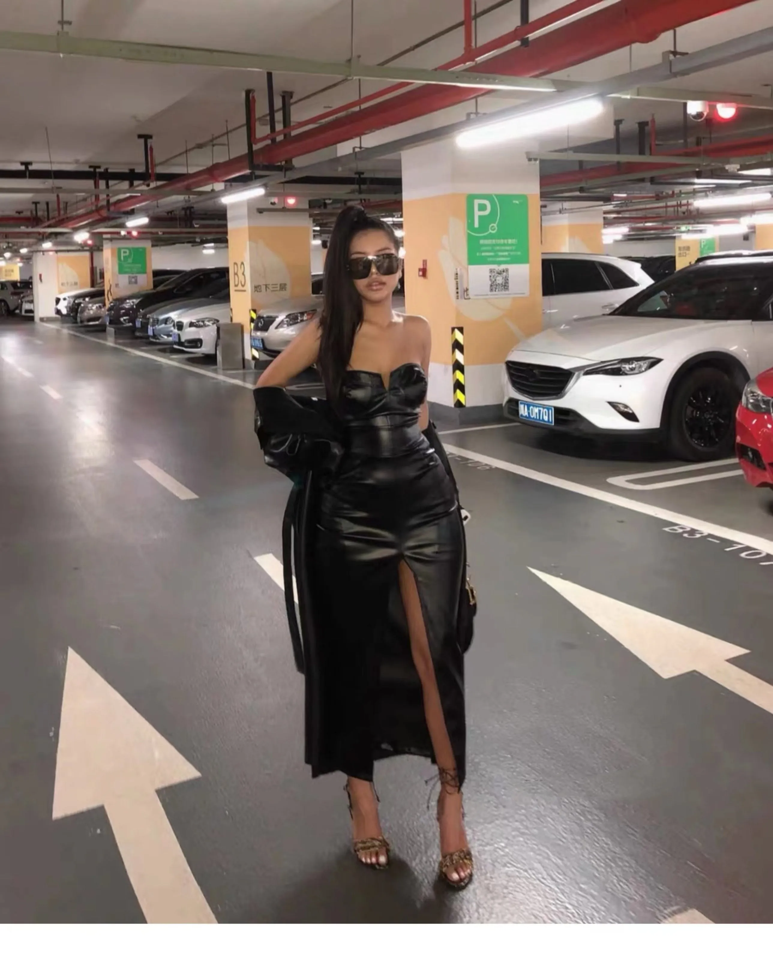 Yielle SYNEZ Faux Leather Long Front Slit Dress