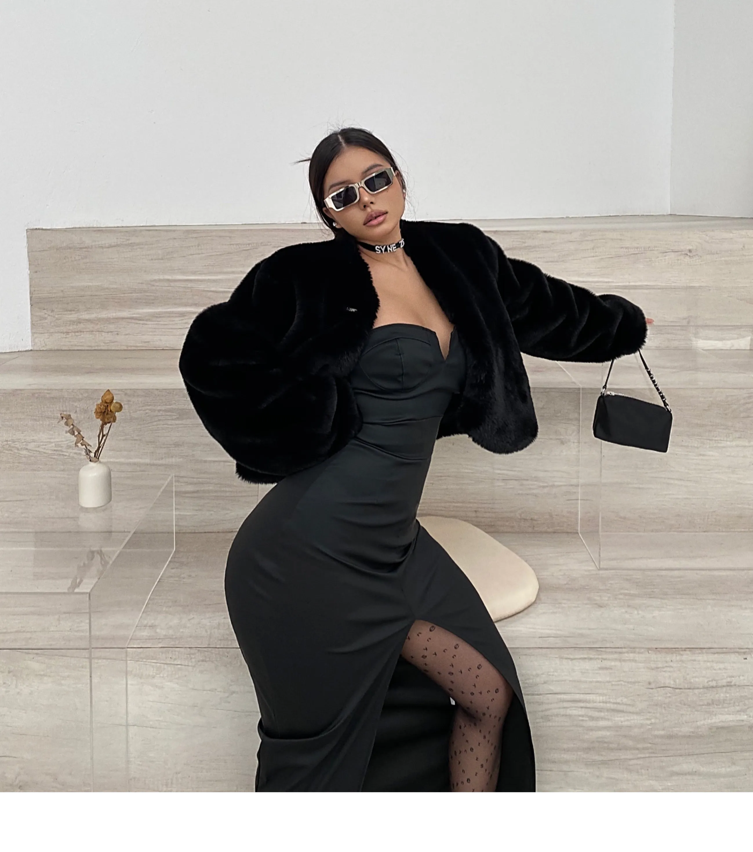 Yielle SYNEZ Faux Leather Long Front Slit Dress