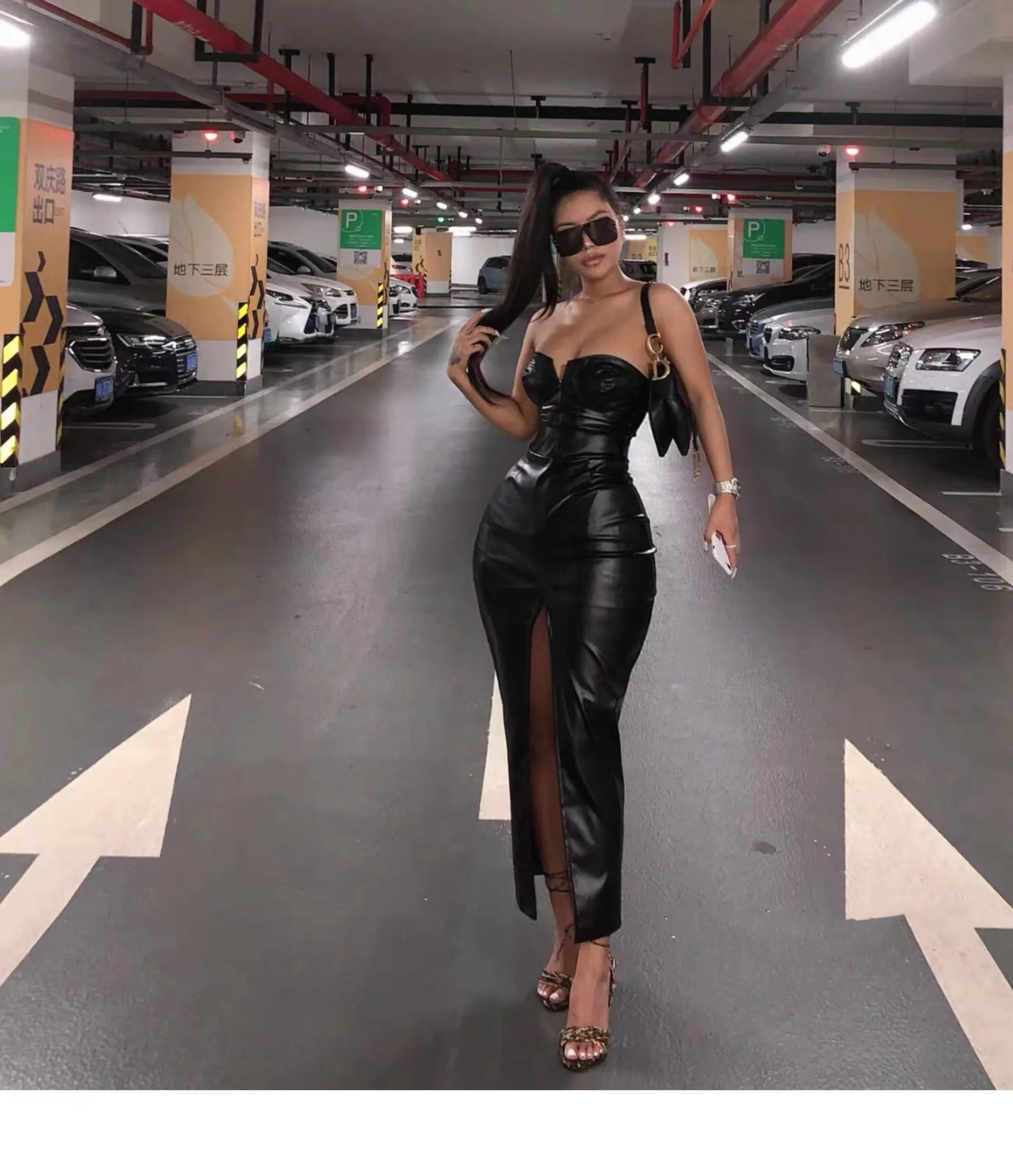 Yielle SYNEZ Faux Leather Long Front Slit Dress