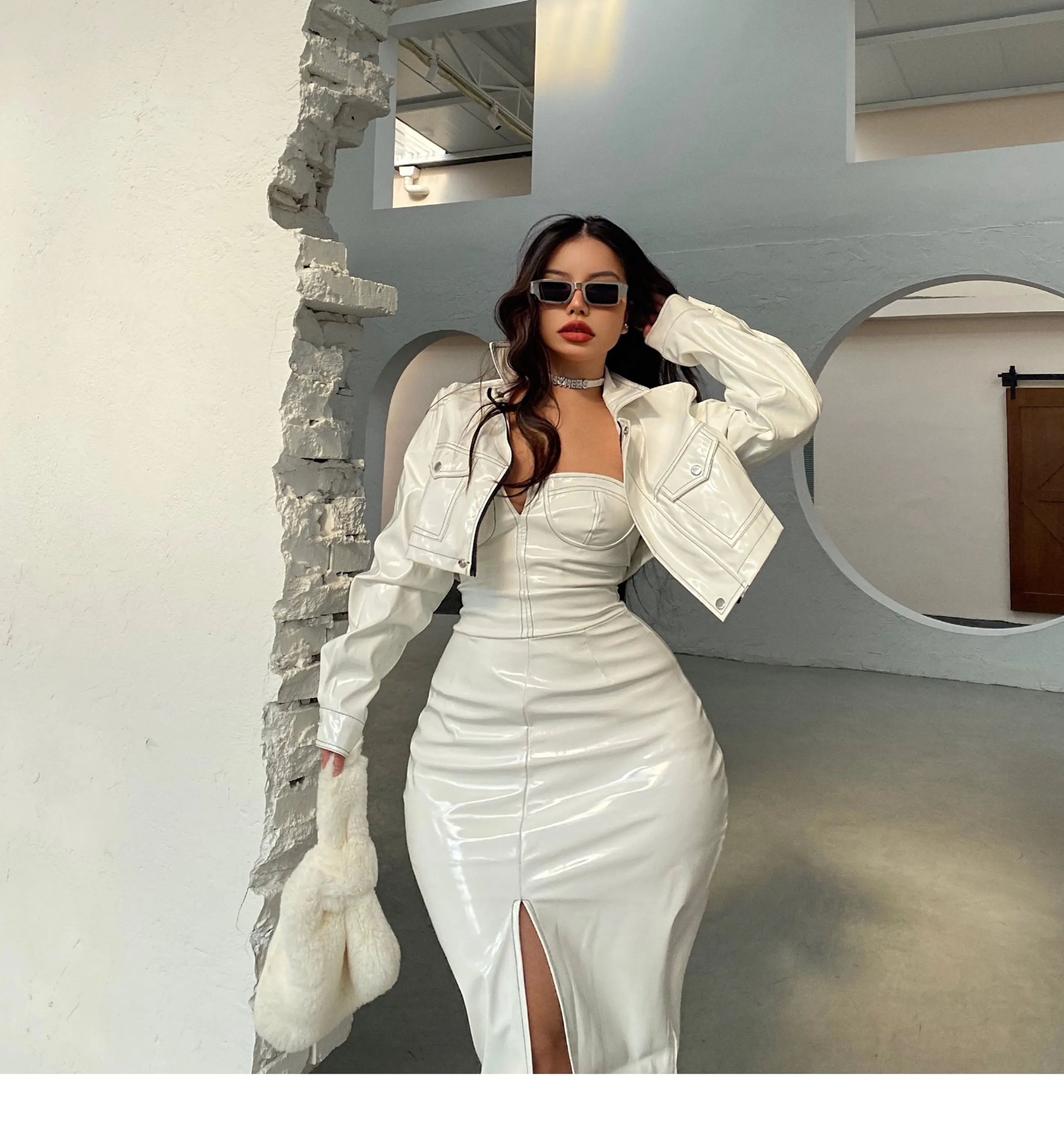 Yielle SYNEZ Faux Leather Long Front Slit Dress
